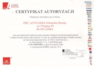 Certyfikat King Auto Seba